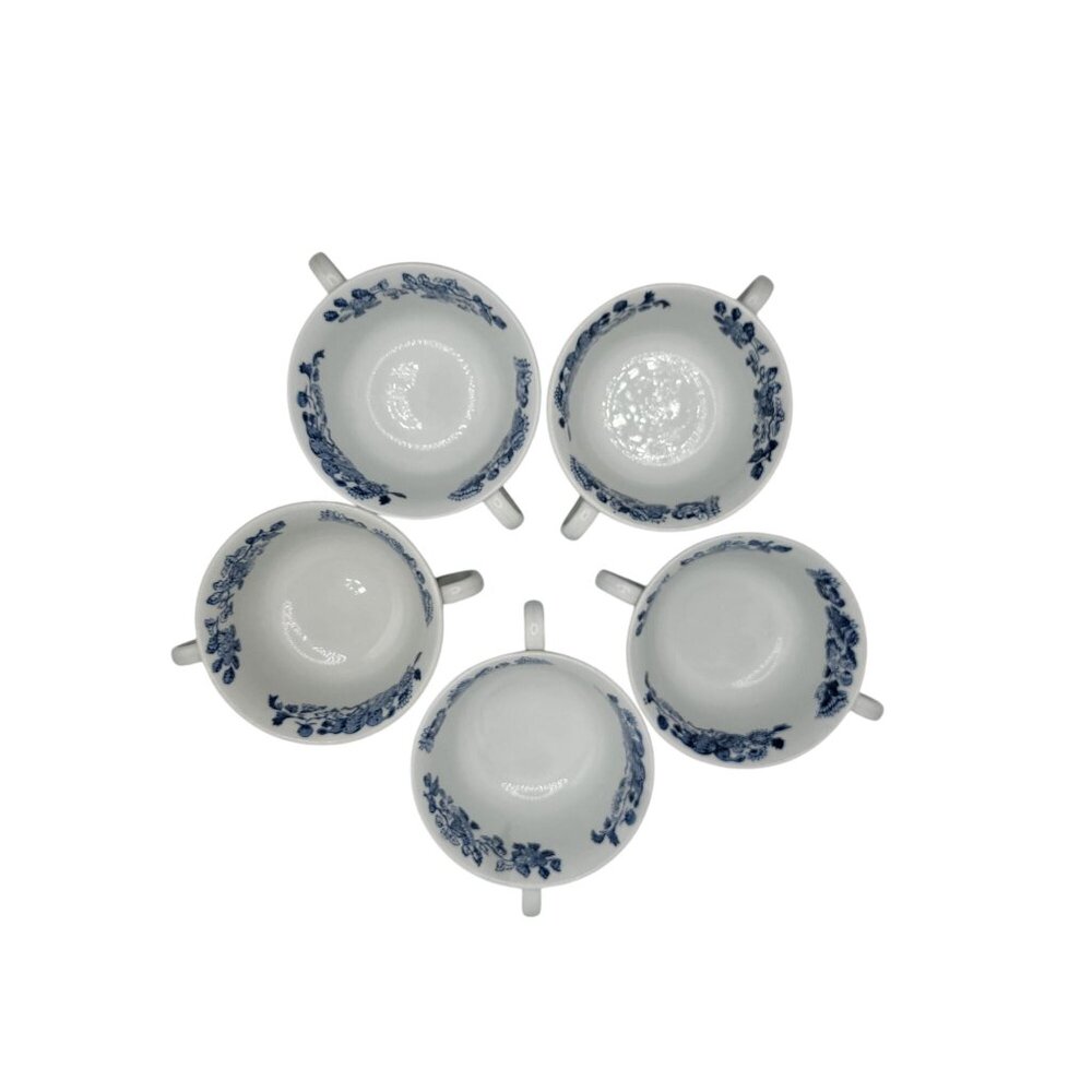 Antique Wedgwood Etruria Double-Handle Soup Cups – Blue Floral Transferware - Picture 3 of 6